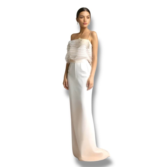 Daymor Couture Formal Dress Pleat Upper Beads Shimmering Pale Pink Cream 10 - Picture 1 of 10